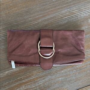 VTG Hobo International Chocolate Brown Leather Double Buckle Clutch Silver EUC